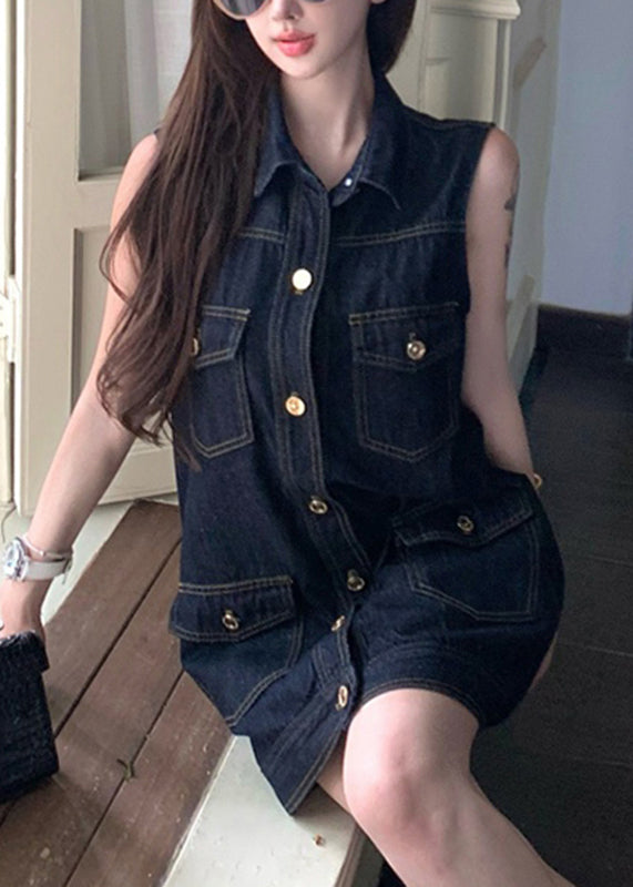 Modern Denim Blue Peter Pan Collar Patchwork Pockets Mid Dress Sleeveless