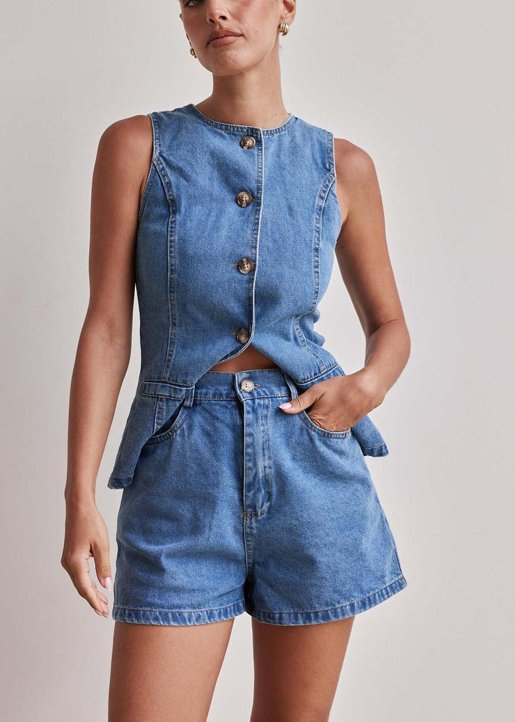 Modern Denim Blue Silm Fit Vests And Shorts Two Pieces Set Sleeveless