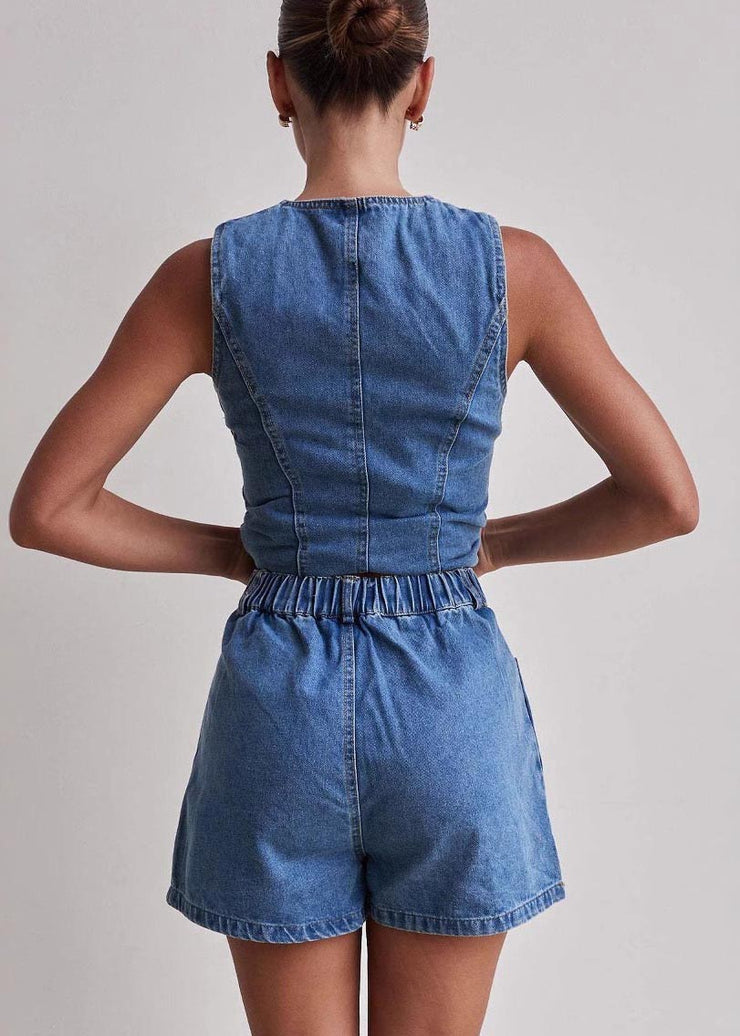 Modern Denim Blue Silm Fit Vests And Shorts Two Pieces Set Sleeveless