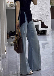 Modern Denim Blue Zircon High Waist Flared Trousers Fall