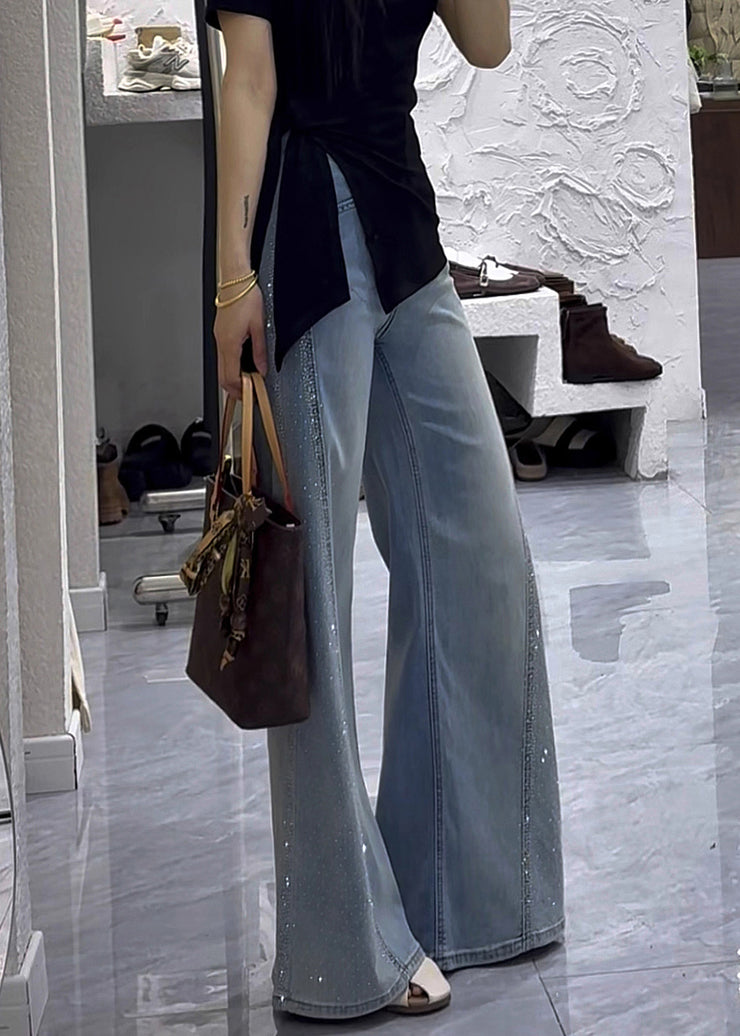 Modern Denim Blue Zircon High Waist Flared Trousers Fall