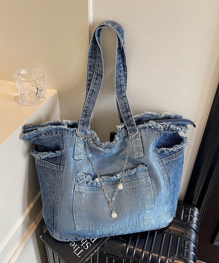 Modern Fringe Trim Chain Linked Denim Shoulder Bags