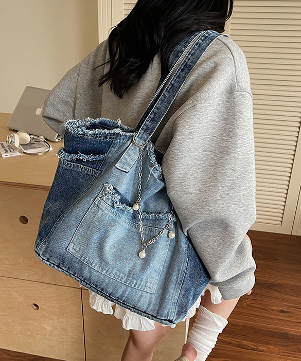 Modern Fringe Trim Chain Linked Denim Shoulder Bags