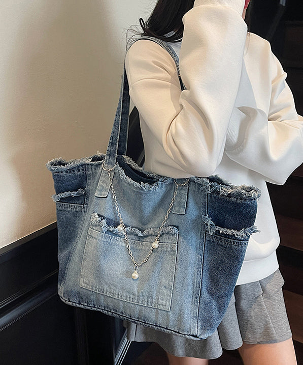 Modern Fringe Trim Chain Linked Denim Shoulder Bags
