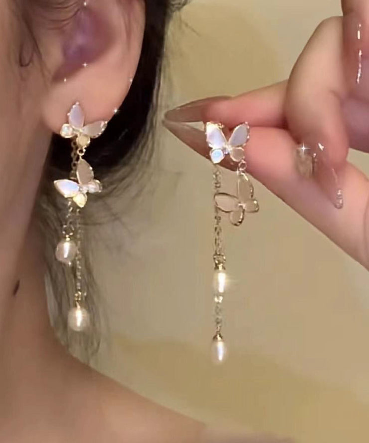 Modern Gold Copper Alloy Pearl Butterfly Tassel Drop Earrings