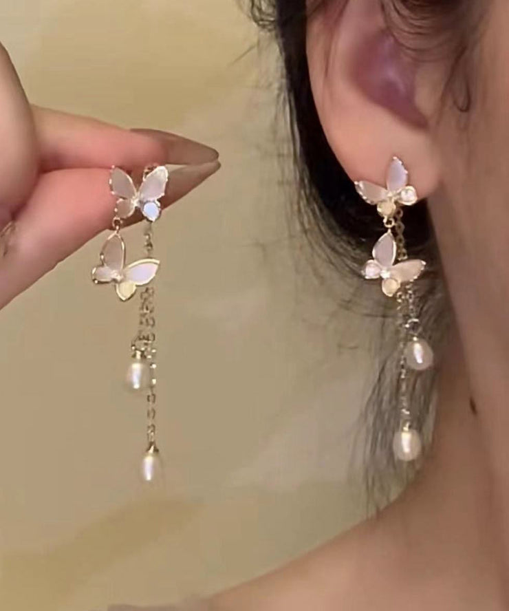 Modern Gold Copper Alloy Pearl Butterfly Tassel Drop Earrings