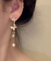 Modern Gold Copper Alloy Pearl Butterfly Tassel Drop Earrings