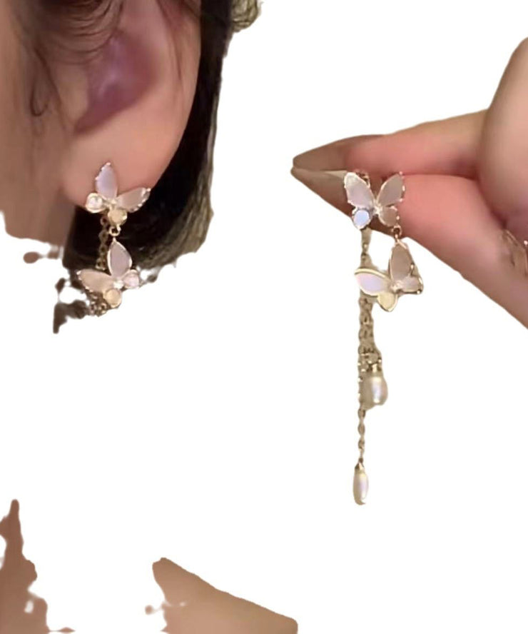 Modern Gold Copper Alloy Pearl Butterfly Tassel Drop Earrings
