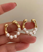 Modern Gold Copper Alloy Pearl Hoop Earrings