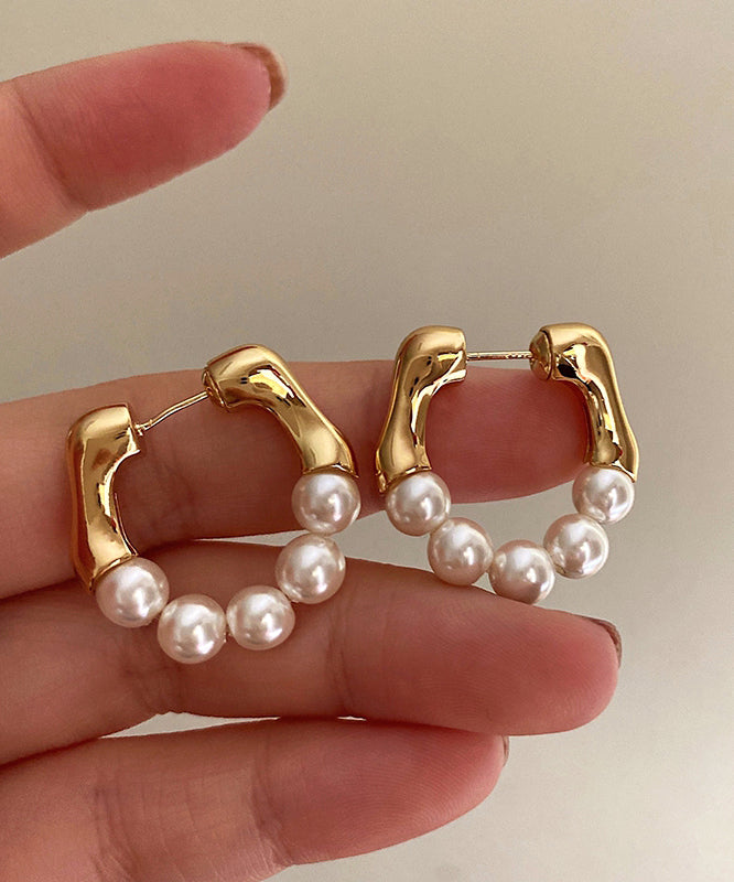 Modern Gold Copper Alloy Pearl Hoop Earrings
