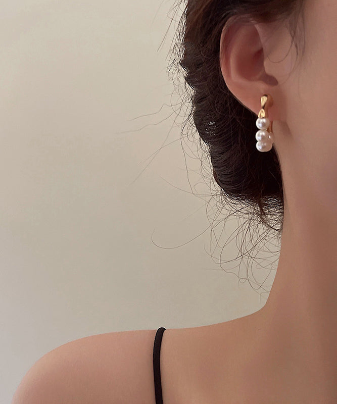 Modern Gold Copper Alloy Pearl Hoop Earrings