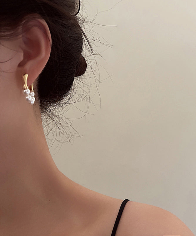 Modern Gold Copper Alloy Pearl Hoop Earrings
