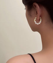 Modern Gold Copper Alloy Pearl Hoop Earrings