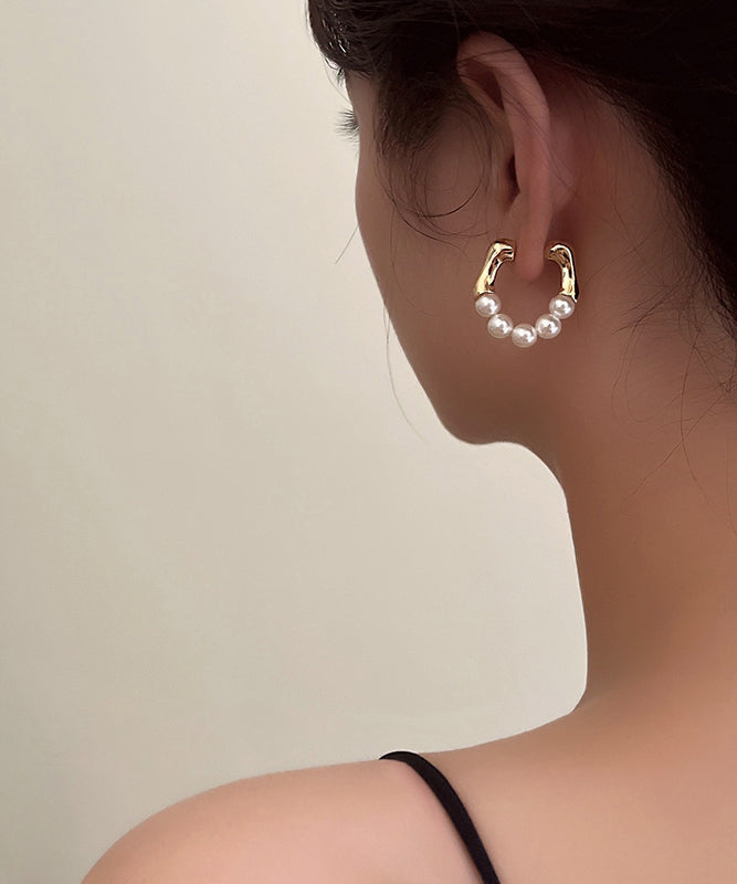 Modern Gold Copper Alloy Pearl Hoop Earrings