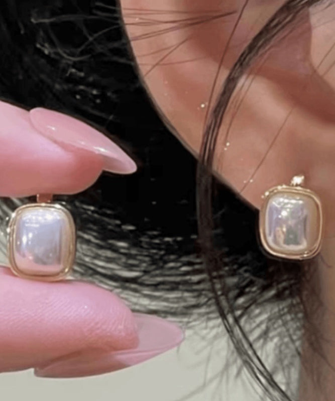 Modern Gold Copper Alloy Square Pearl Hoop Earrings