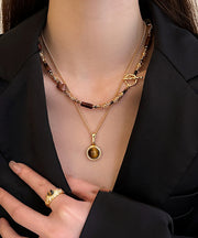 Modern Gold Copper Alloy Tiger's Eye Stone Pendant Necklace Two-Piece Set