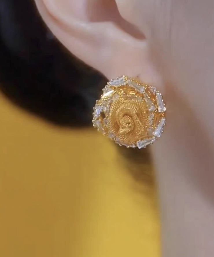 Modern Gold Copper Alloy Tulle Zircon Rose Stud Earrings
