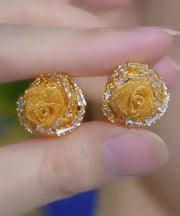 Modern Gold Copper Alloy Tulle Zircon Rose Stud Earrings