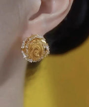 Modern Gold Copper Alloy Tulle Zircon Rose Stud Earrings