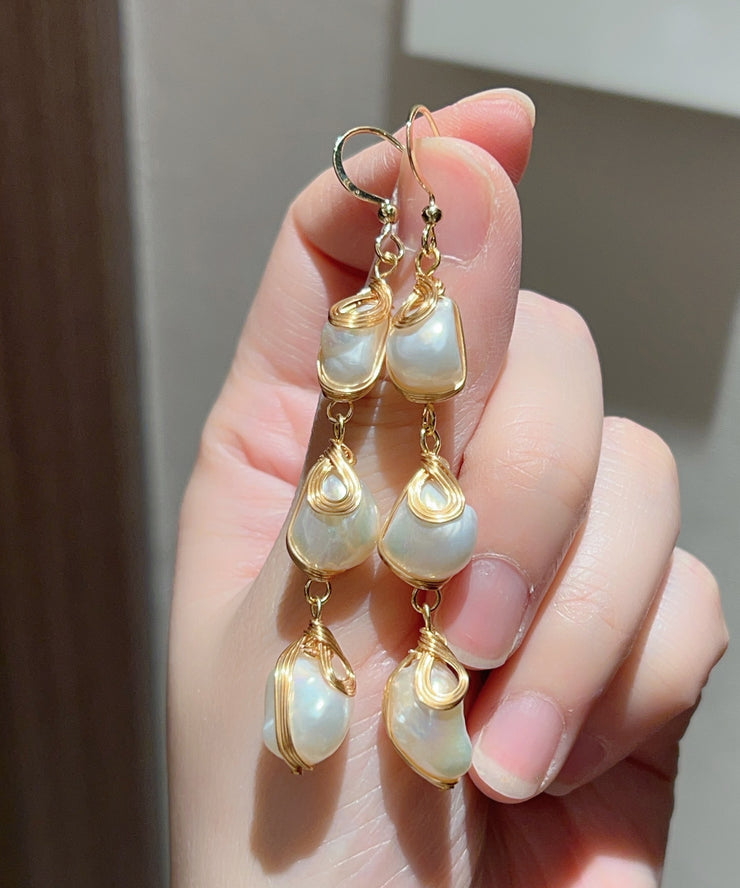 Modern Gold Copper Overgild Pearl Tassel Drop Earrings