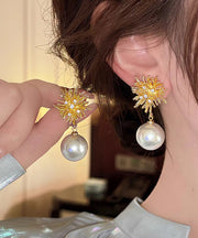 Modern Gold Metal Alloy Zircon Fireworks Pearl Drop Earrings