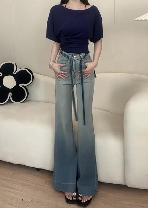 Modern Gradient Color Rhinestone Denim Flare Bottoms Fall