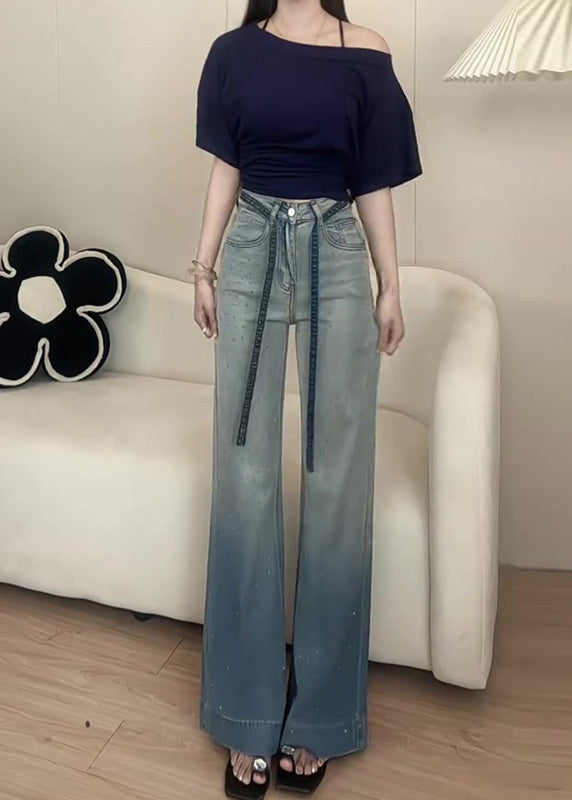 Modern Gradient Color Rhinestone Denim Flare Bottoms Fall