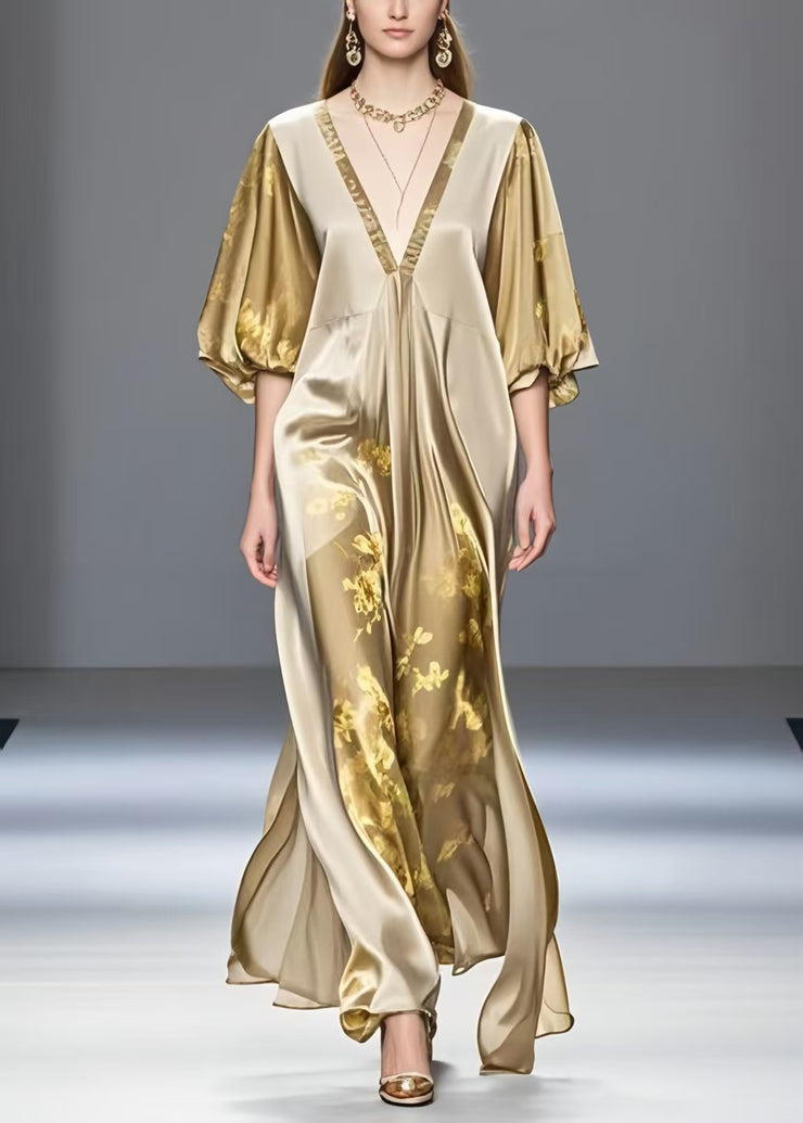 Modern Gradient Khaki V Neck Print Silk Dress Summer