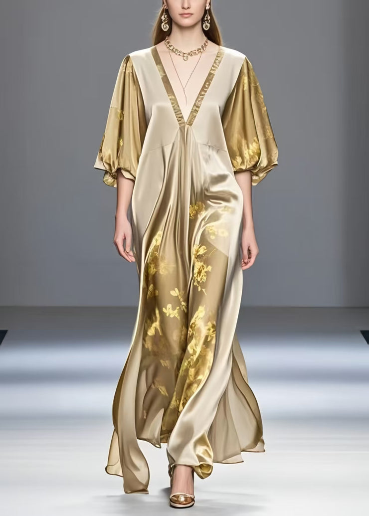 Modern Gradient Khaki V Neck Print Silk Dress Summer