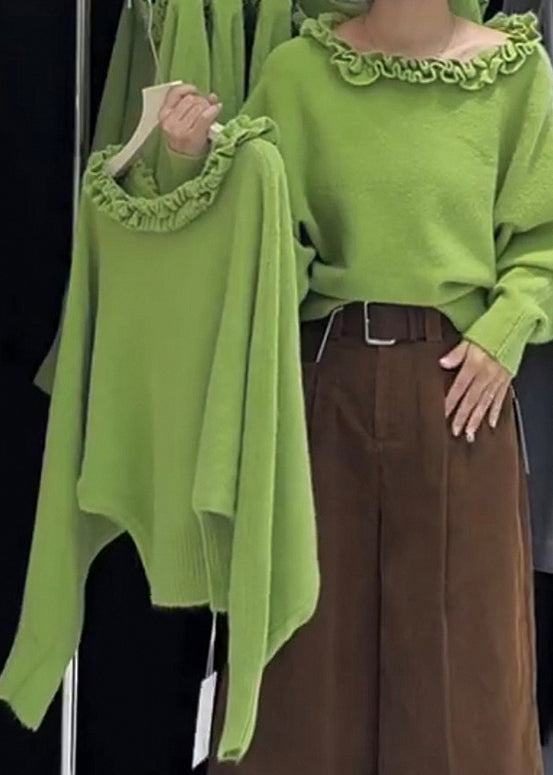 Modern Grass Green Ruffled Slash Neck Knit Sweater Tops Winter