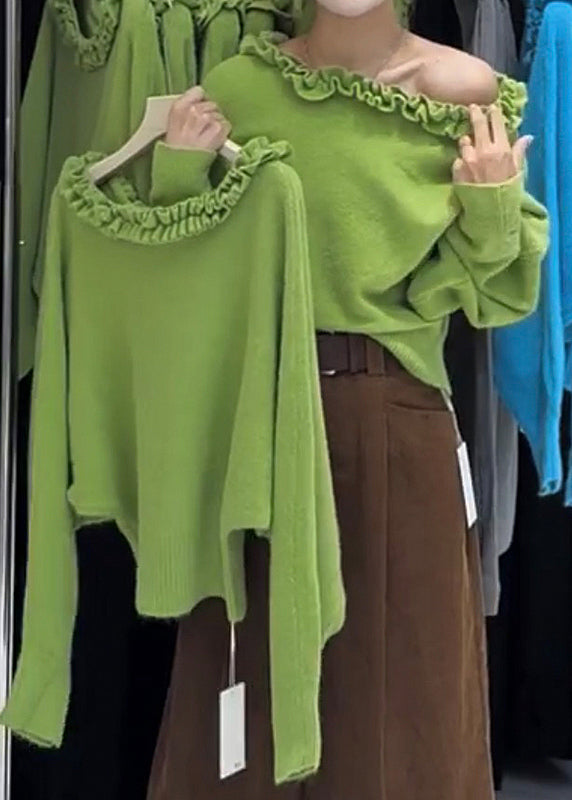 Modern Grass Green Ruffled Slash Neck Knit Sweater Tops Winter