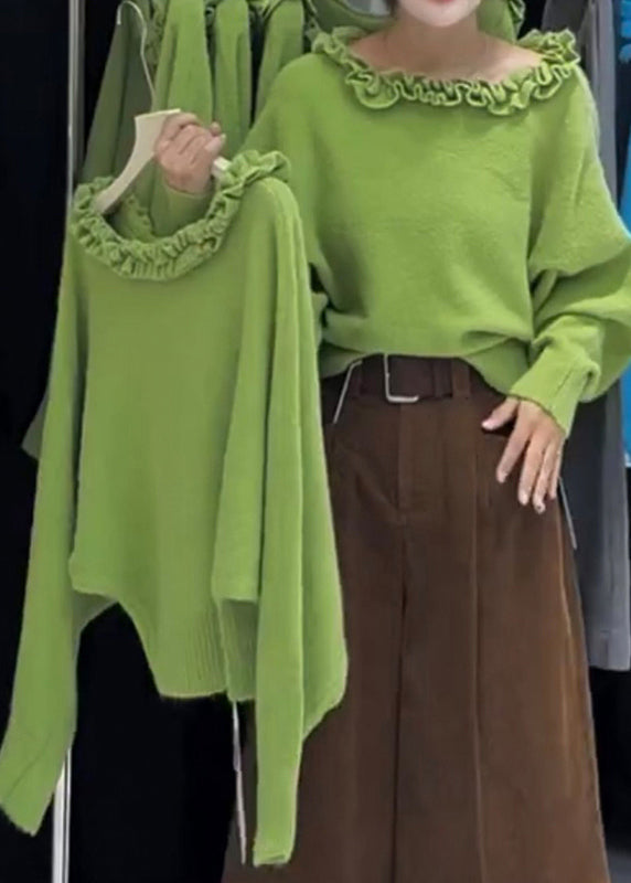 Modern Grass Green Ruffled Slash Neck Knit Sweater Tops Winter
