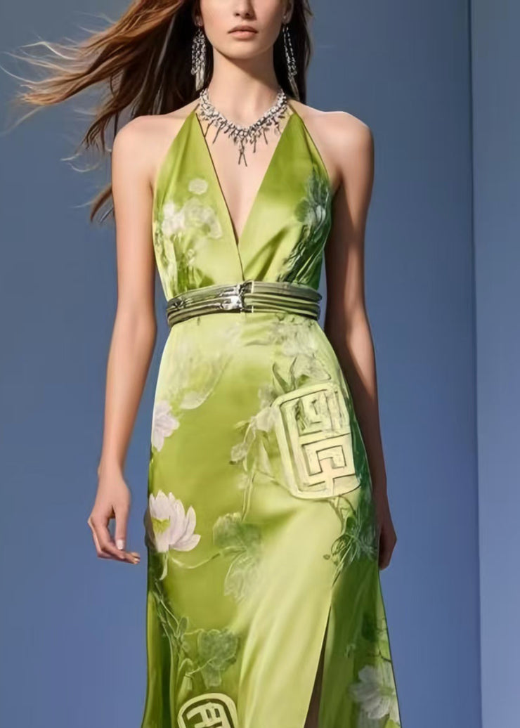 Modern Grass Green Side Open Silm Fit Silk Halter Dresses Summer