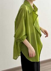 Modern Green Peter Pan Collar Patchwork Button Solid Shirts Fall