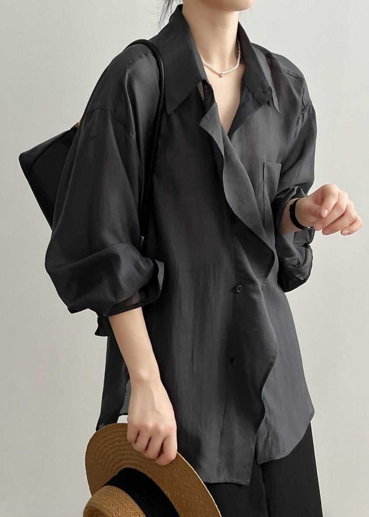 Modern Green Peter Pan Collar Patchwork Button Solid Shirts Fall