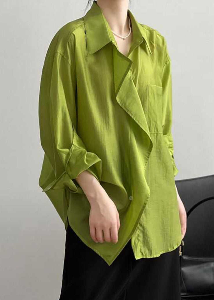 Modern Green Peter Pan Collar Patchwork Button Solid Shirts Fall