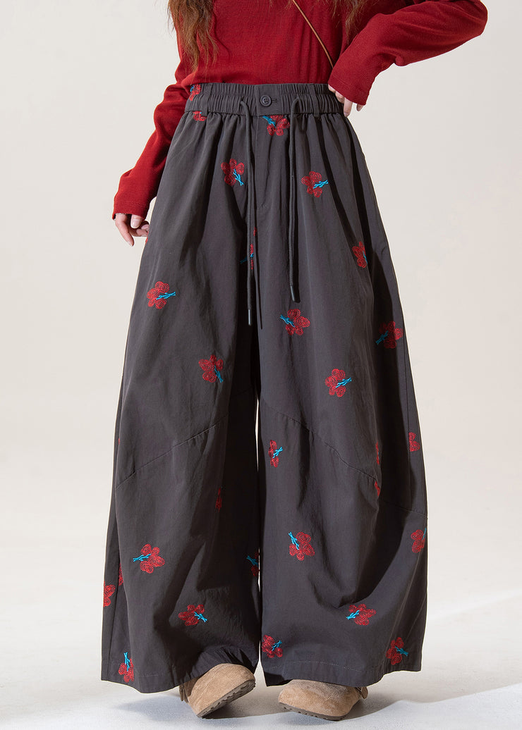 Modern Grey Embroidered Pockets Cotton Wide Leg Pants Fall