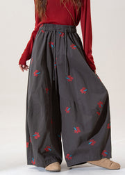 Modern Grey Embroidered Pockets Cotton Wide Leg Pants Fall