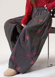 Modern Grey Embroidered Pockets Cotton Wide Leg Pants Fall