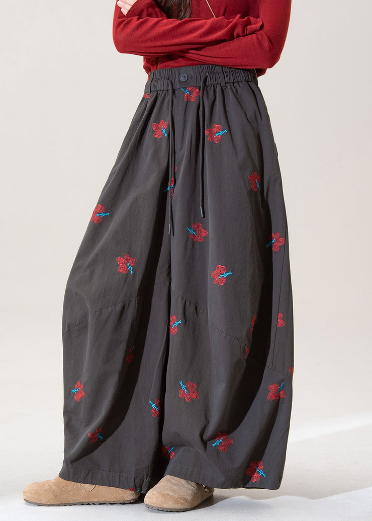 Modern Grey Embroidered Pockets Cotton Wide Leg Pants Fall