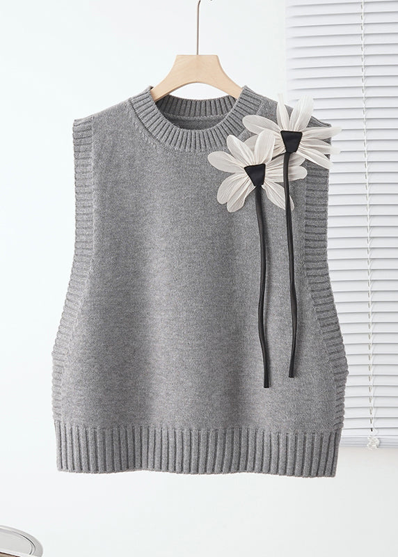 Modern Grey Floral Decorated Warm Knit Vests Fall