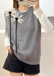 Modern Grey Floral Decorated Warm Knit Vests Fall