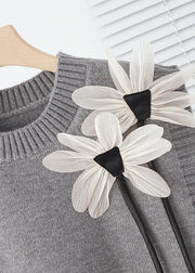 Modern Grey Floral Decorated Warm Knit Vests Fall