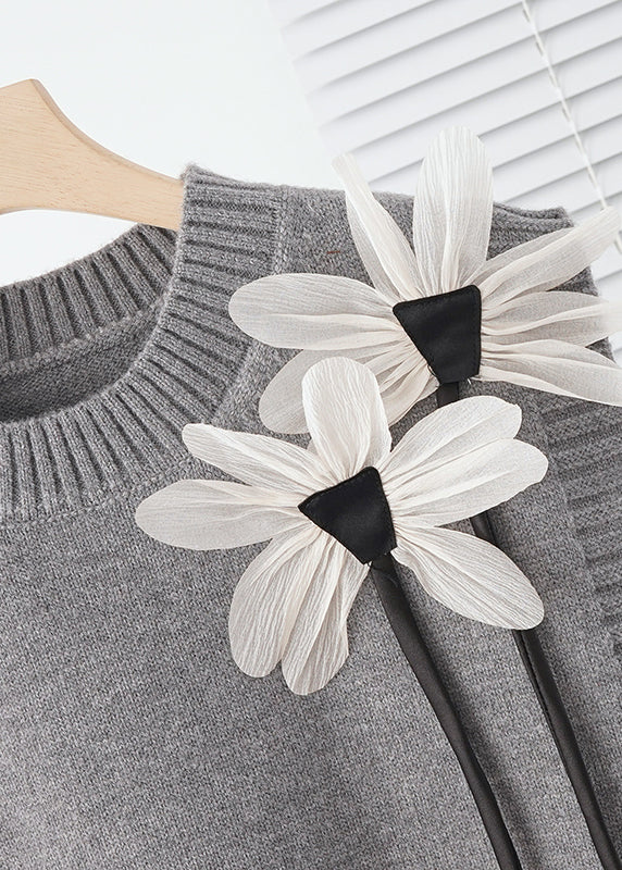 Modern Grey Floral Decorated Warm Knit Vests Fall