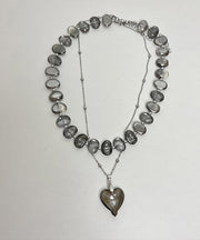 Modern Grey Metal Alloy Acrylic Asymmetrical Crystal Double Layer Love Pendant Necklace