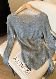 Modern Grey Nail Bead Hollow Out Knit TopS Spring