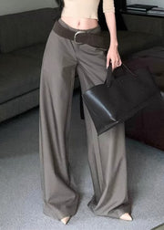 Modern Grey Pockets High Waist Spandex Wide Leg Pants Fall
