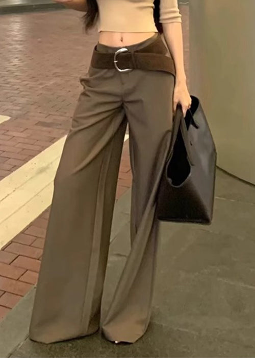 Modern Grey Pockets High Waist Spandex Wide Leg Pants Fall