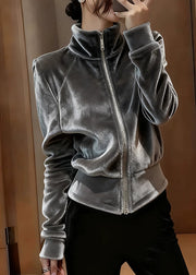 Modern Grey Stand Collar Zippered Silk Velvet Coat Fall