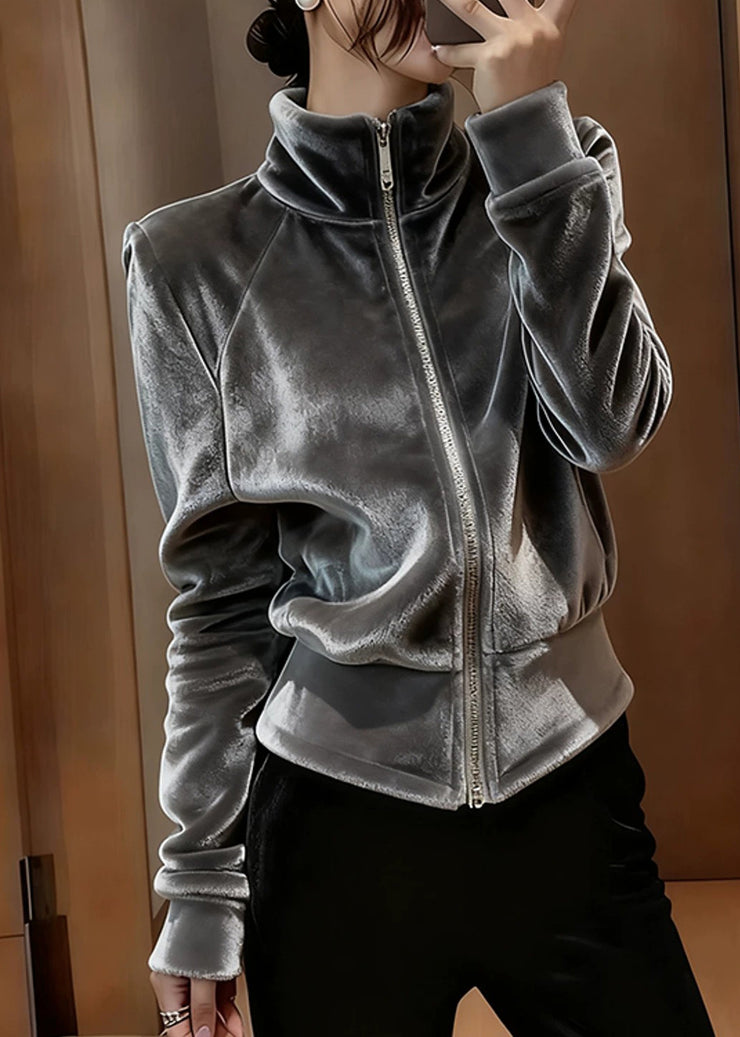 Modern Grey Stand Collar Zippered Silk Velvet Coat Fall